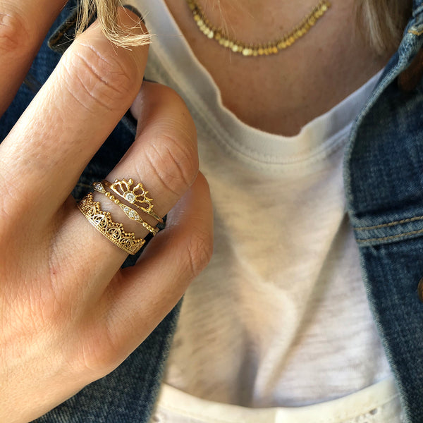 Gold Jewelry Styled Sia Taylor Misa Jewelry Sunrise Ring Naomi Lace Ring