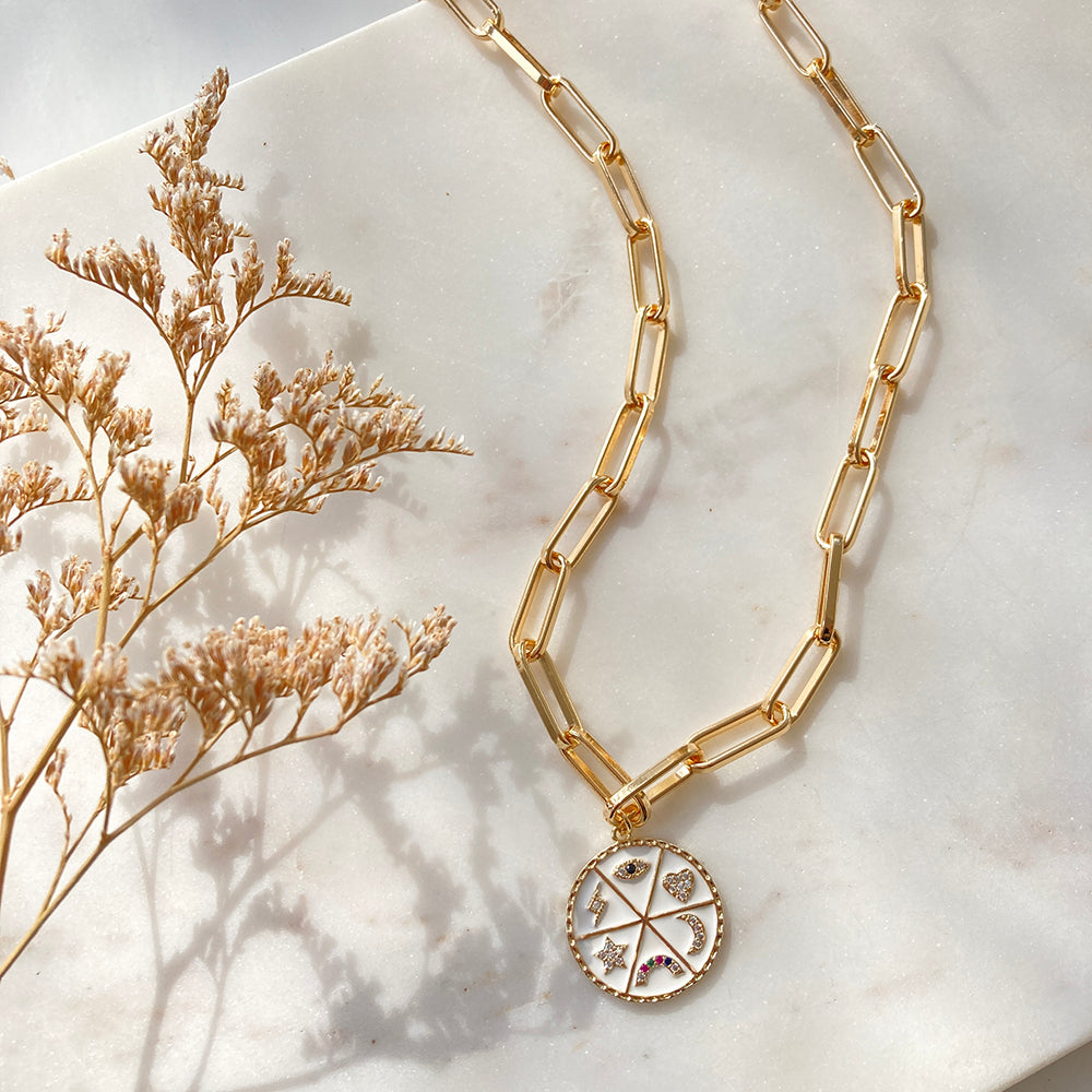 White Enamel Lucky Medallion Necklace