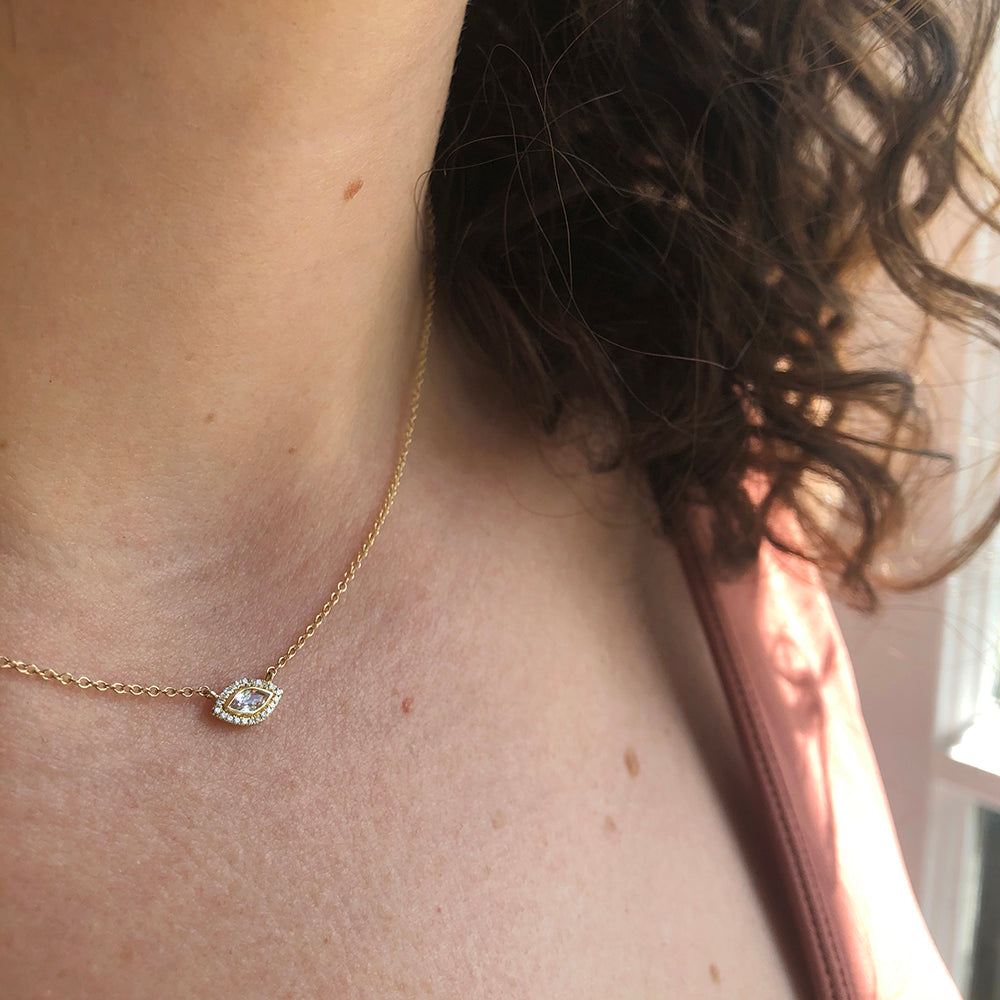 Marquise White Topaz Necklace with Diamond Halo
