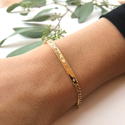 Gold ID Bracelet with Star Set Diamonds and Curb Chain