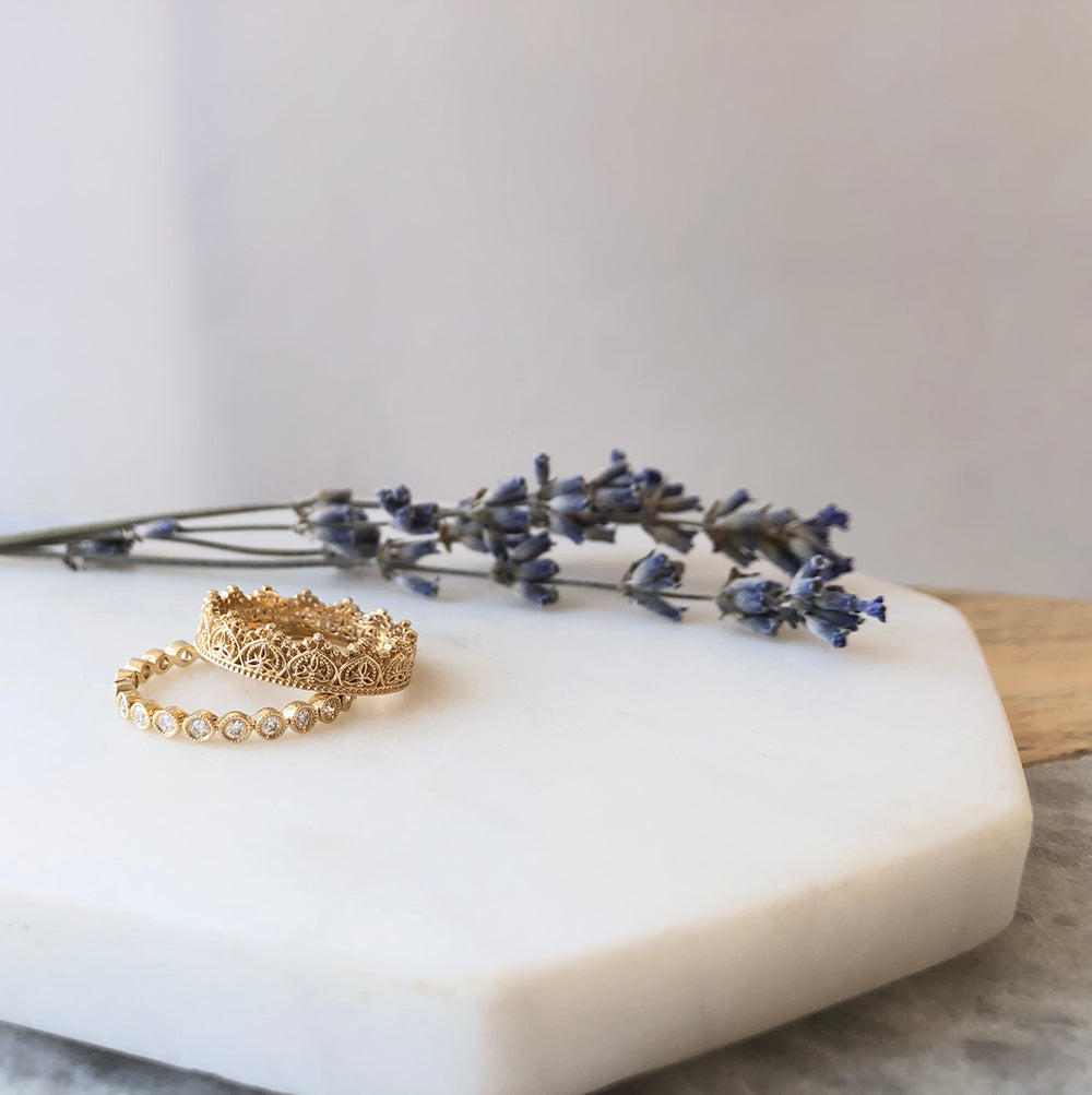 Naomi Gold Crown Lace Eternity Band with Bezel Set Diamond Eternity Ring