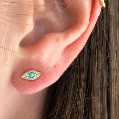 Pave Diamond and Turquoise Evil Eye of Protection Stud Earrings