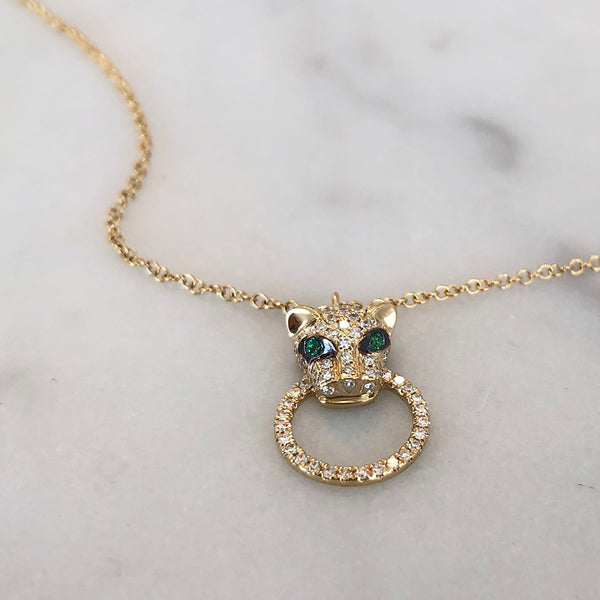 Diamond and Emerald Panther Head Necklace