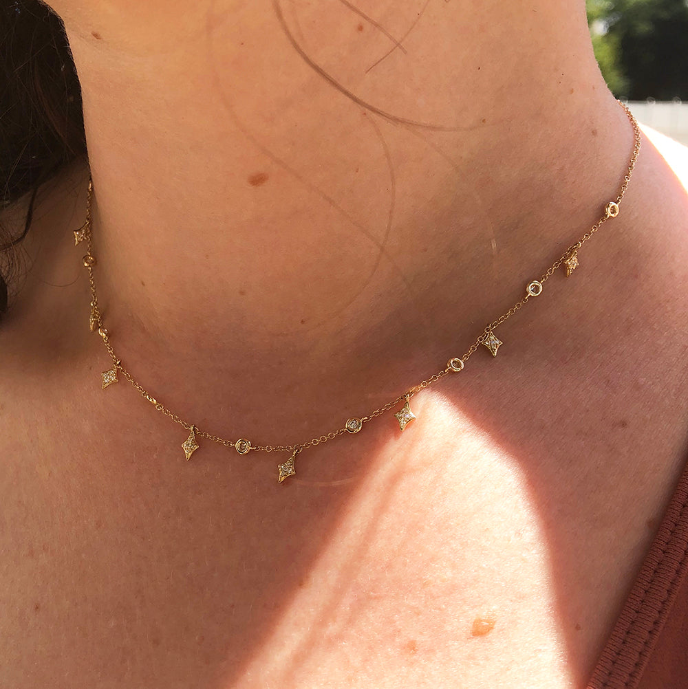 Alternating Round and Diamond Shaped Charm Station Necklace