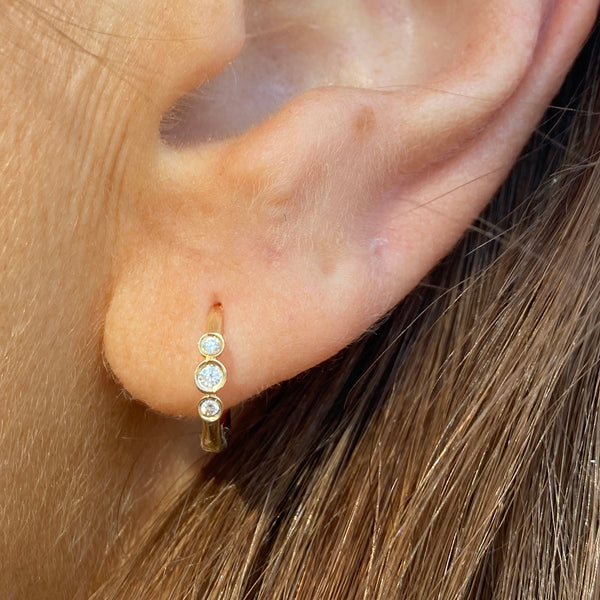 Gold Huggie Hoop Earrings with Three Bezel Set Diamonds