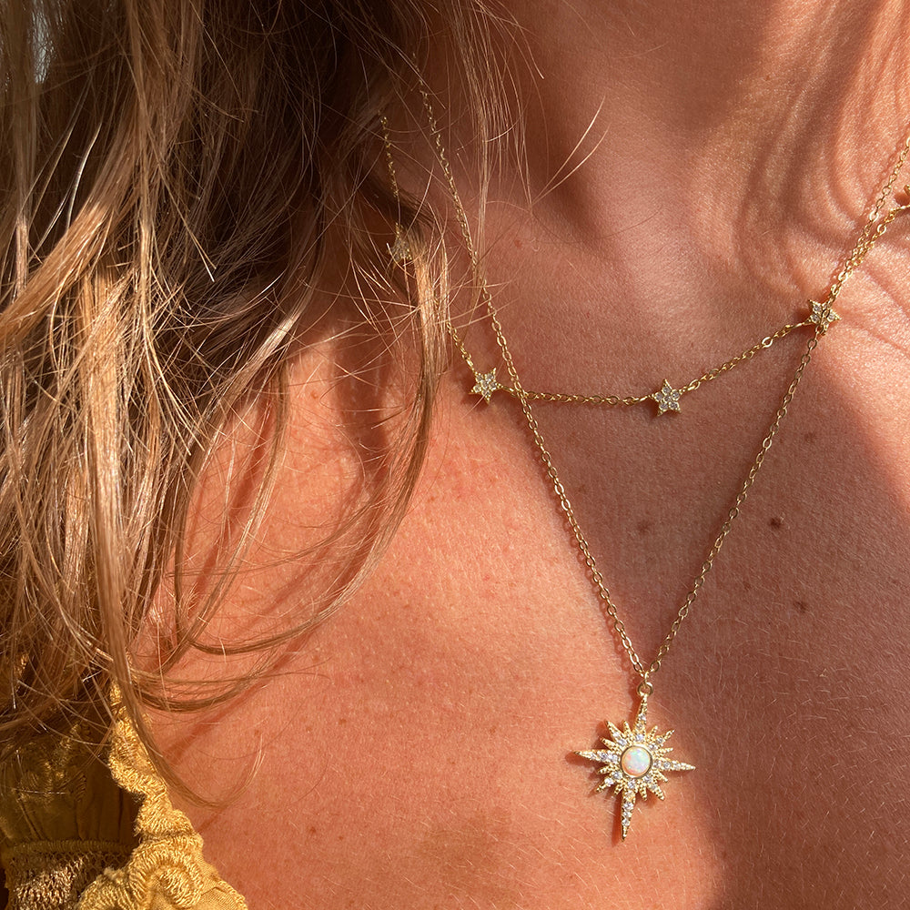 Opal Starburst CZ Diamond Necklace layered with our Star Choker