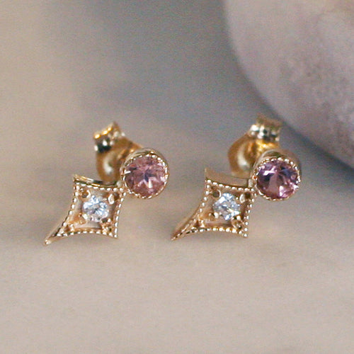 Pink Tourmaline and Diamond Edgy Stud Earrings