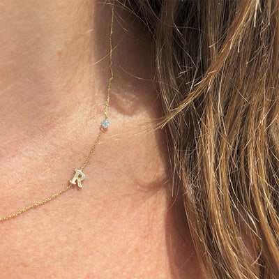 Tiny R Initial Necklace with Bezel Set Diamond