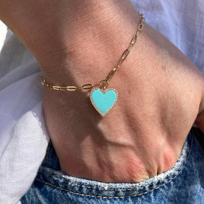 Paperclip Bracelet with Tiffany Blue Turquoise and Pave Diamond Heart Charm