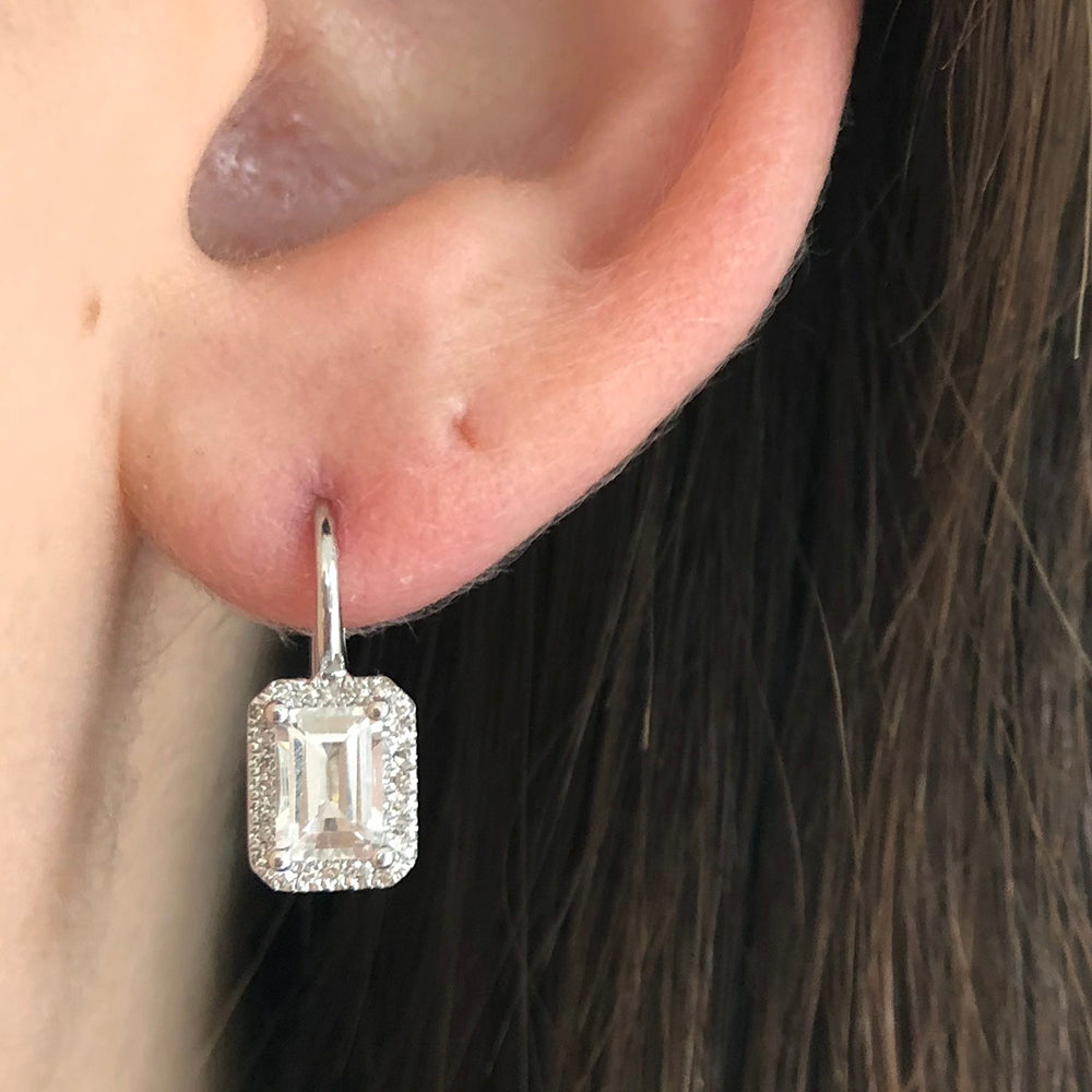 Emerald Cut White Topaz Earrings with Diamond Halo